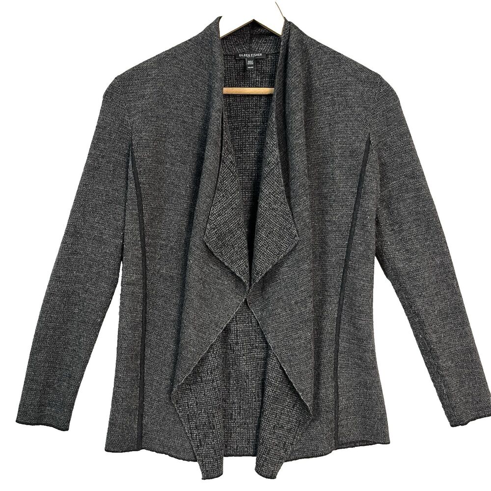 Eileen Fisher Women's Black/Gray Merino‎ Wool Open Front Jacket Blazer Sz Small